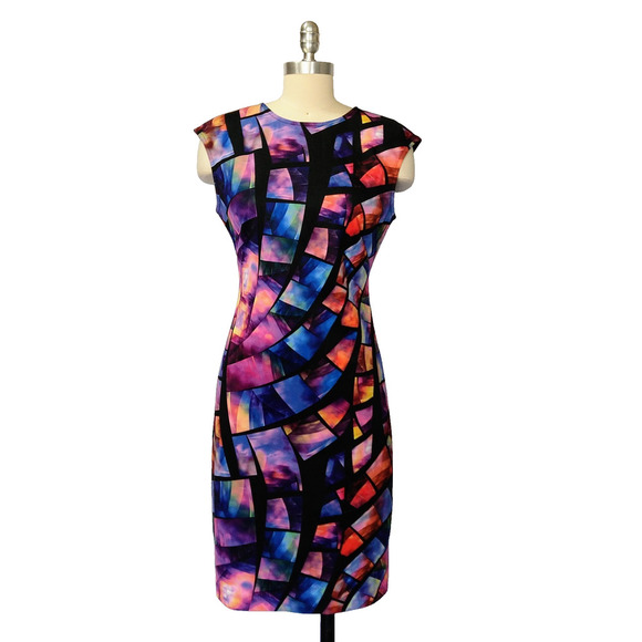 Joseph Ribkoff Stained Glass Sheath Dress Size 8 Cap Sleeve Knee Length Career - Picture 1 of 8